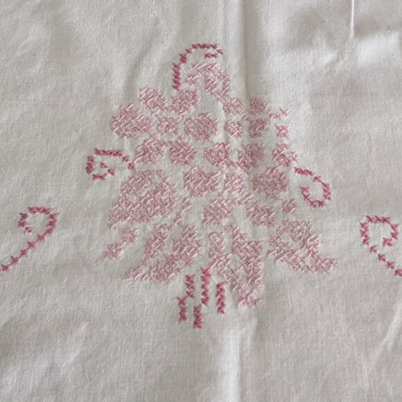 Vintage White Tablecloth with Pink Floral Cross-Stitch Flowers - Picture 5 of 5